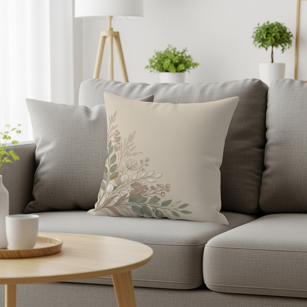 Cream pillow with delicate floral and leafy vine design on gray sofa.