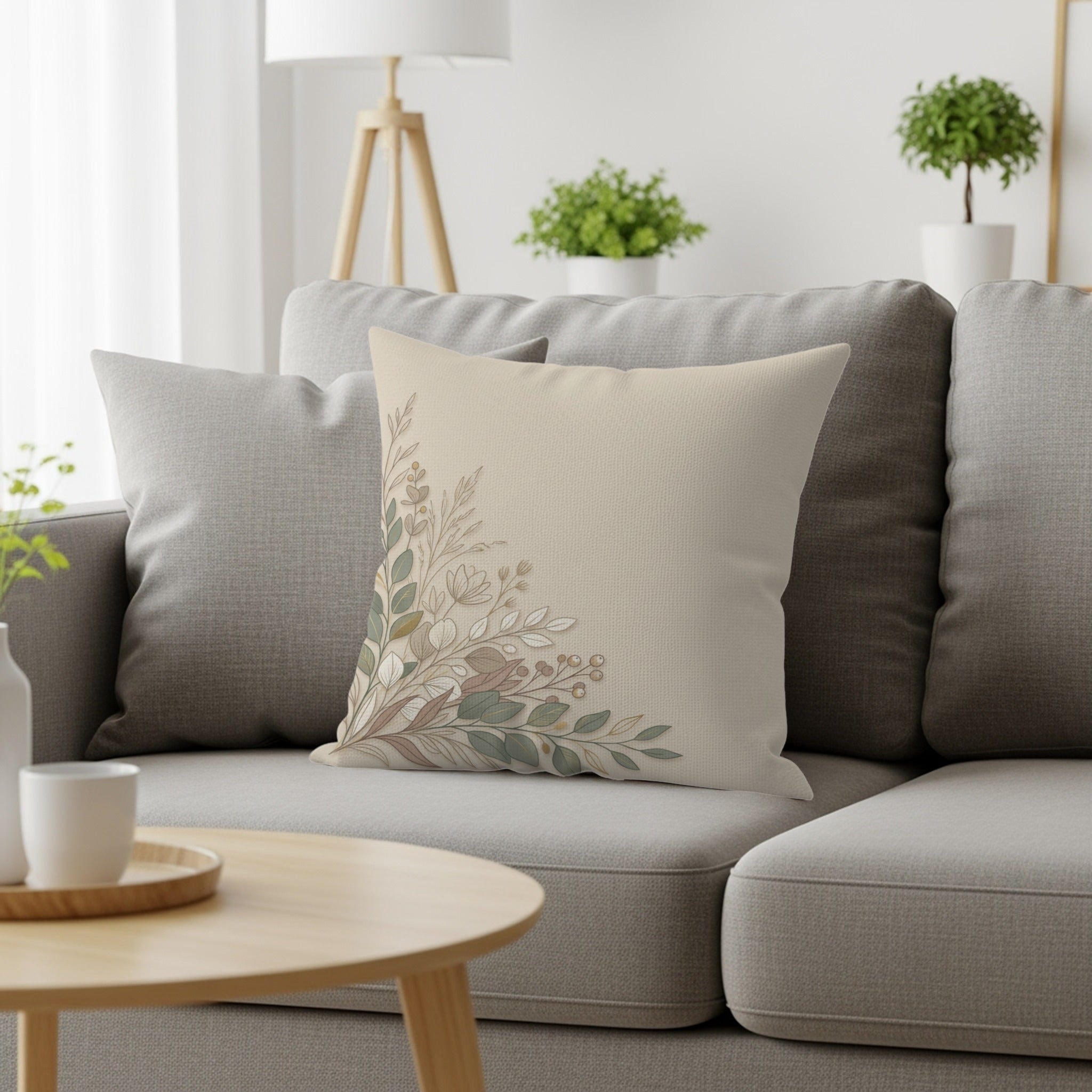 Cream pillow with delicate floral and leafy vine design on gray sofa.