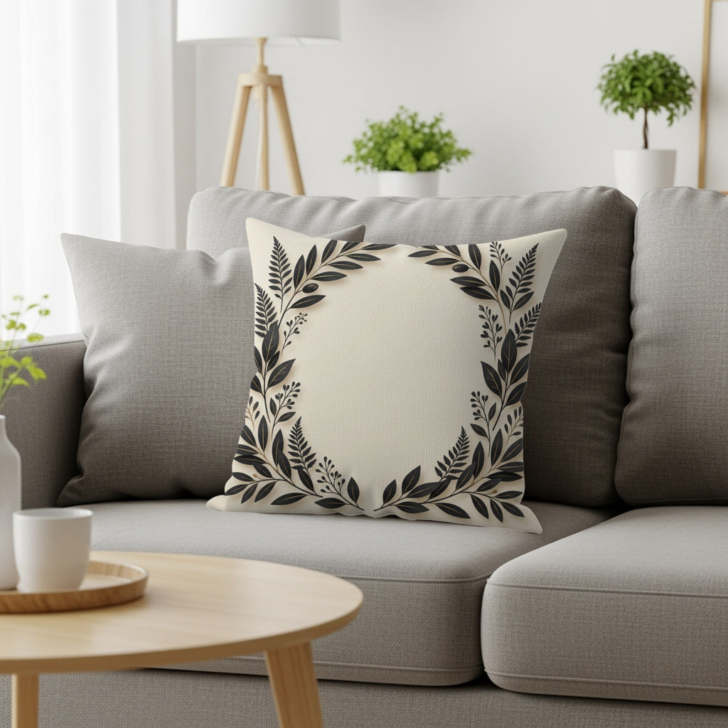 Decorative cream throw pillow with a dark leaf wreath design.