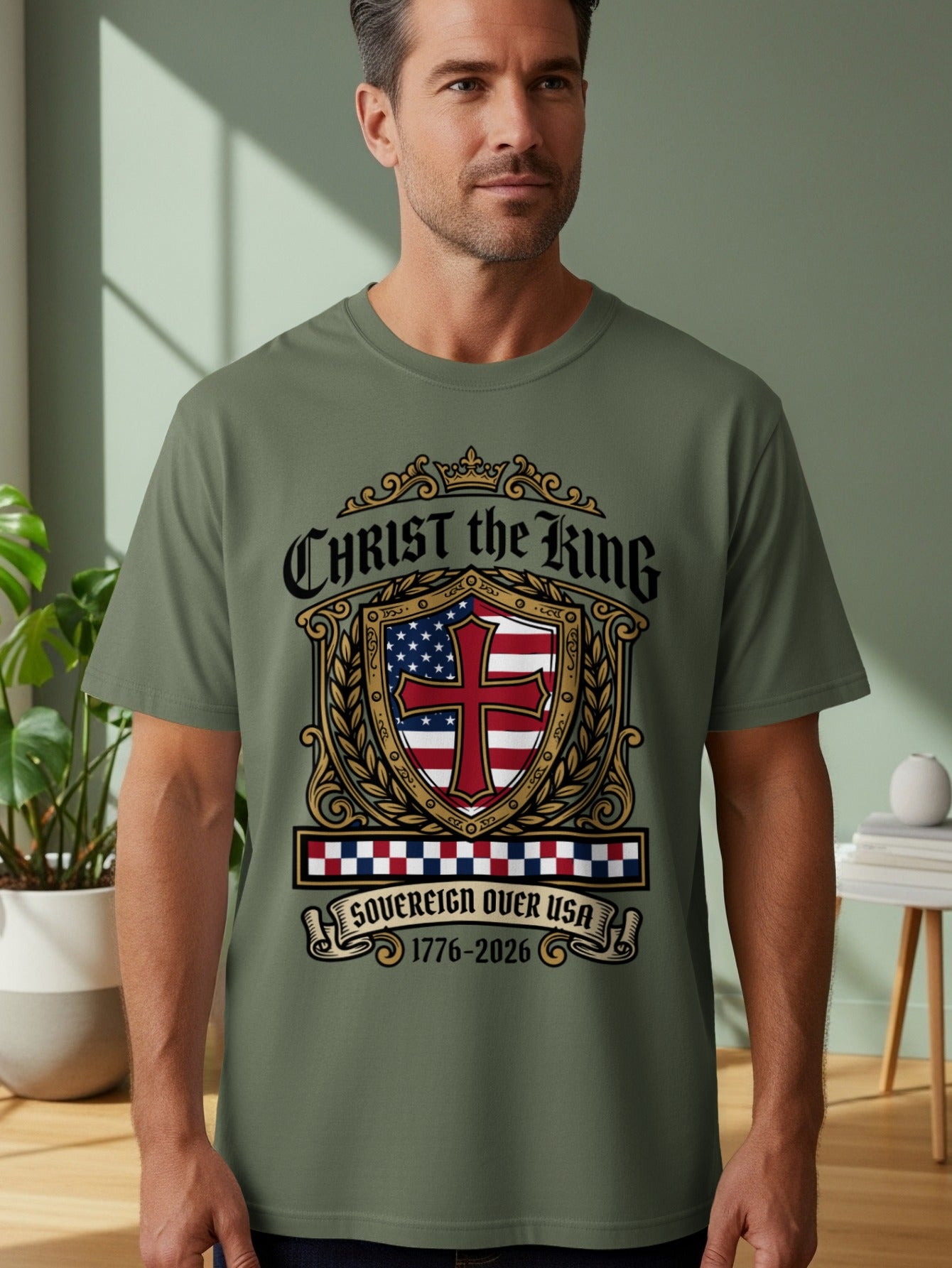 T-shirt with shield emblem, "Christ the King Sovereign Over USA 1776-2026".