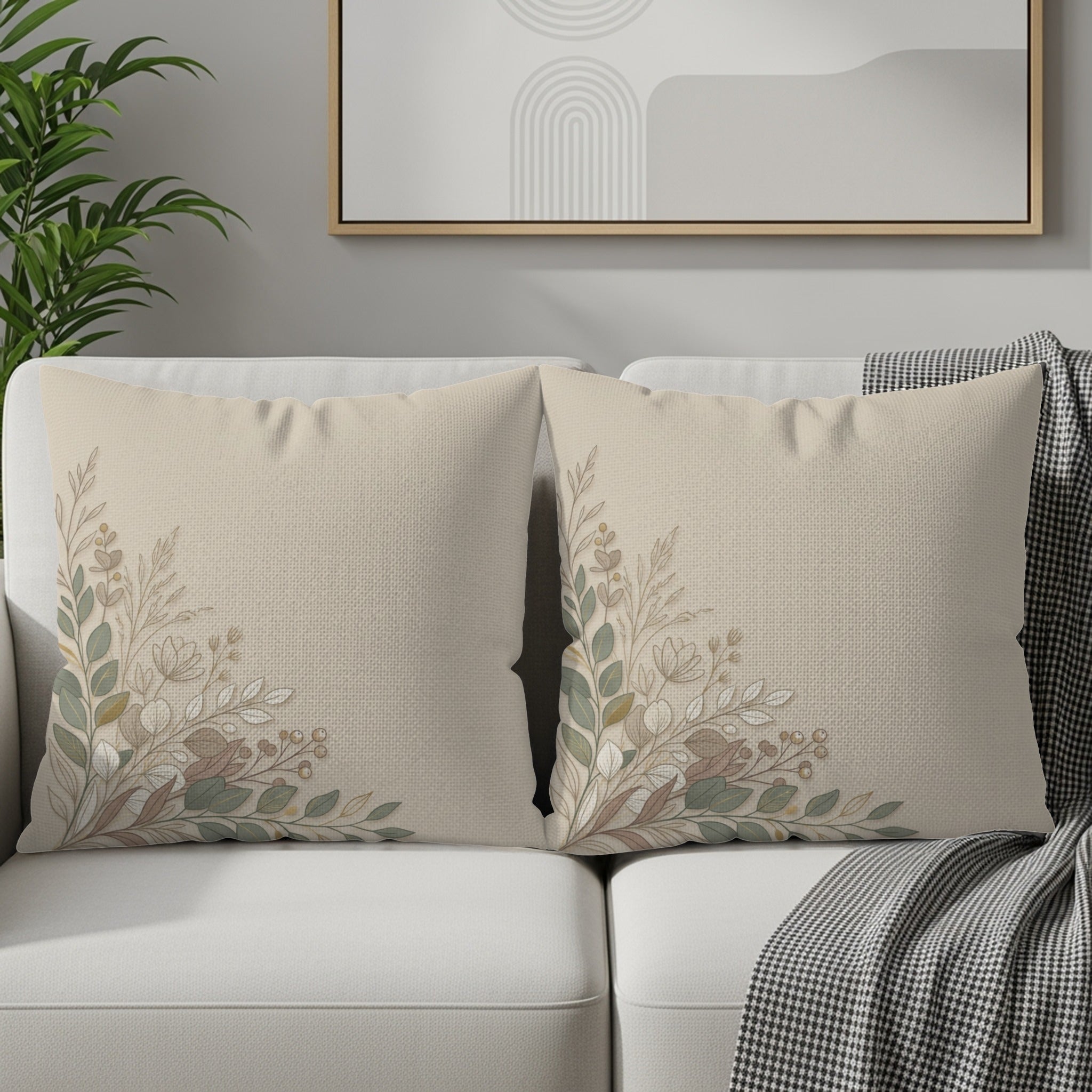 Two square throw pillows with botanical floral print on a sofa.