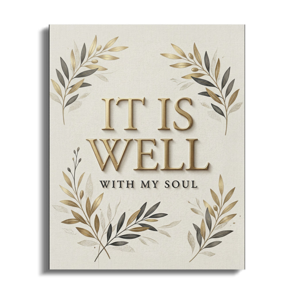 IT IS WELL WITH MY SOUL text surrounded by an olive branch wreath.