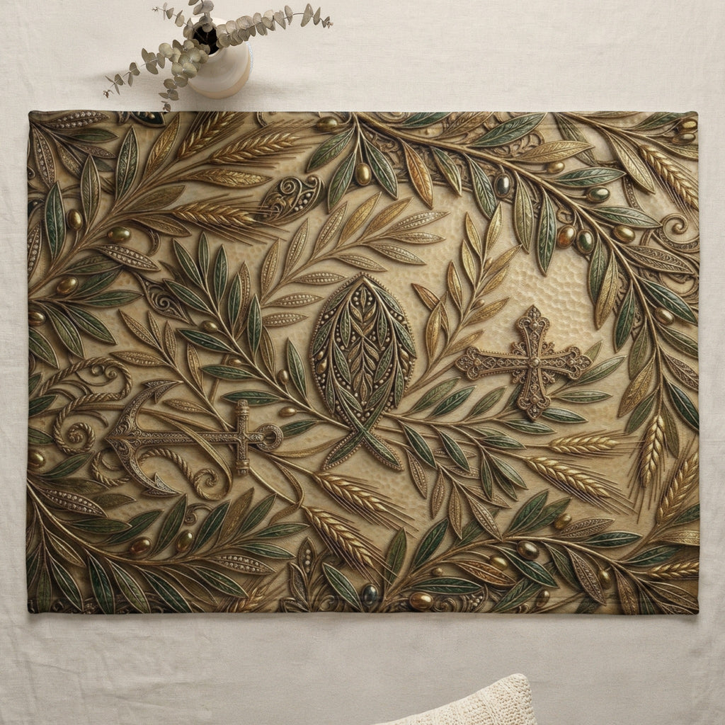 Embossed rectangular mat with Christian symbols and olive branches.