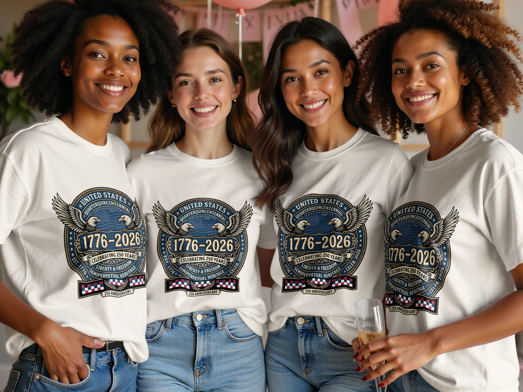 Four women smile wearing white t-shirts with "United States Quarterquincentennial 1776-2026" text.