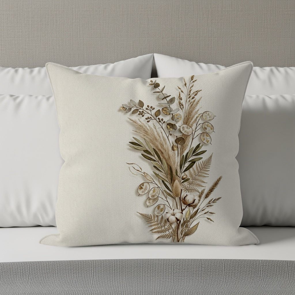 Pillow with dried floral arrangement in muted earthy tones.