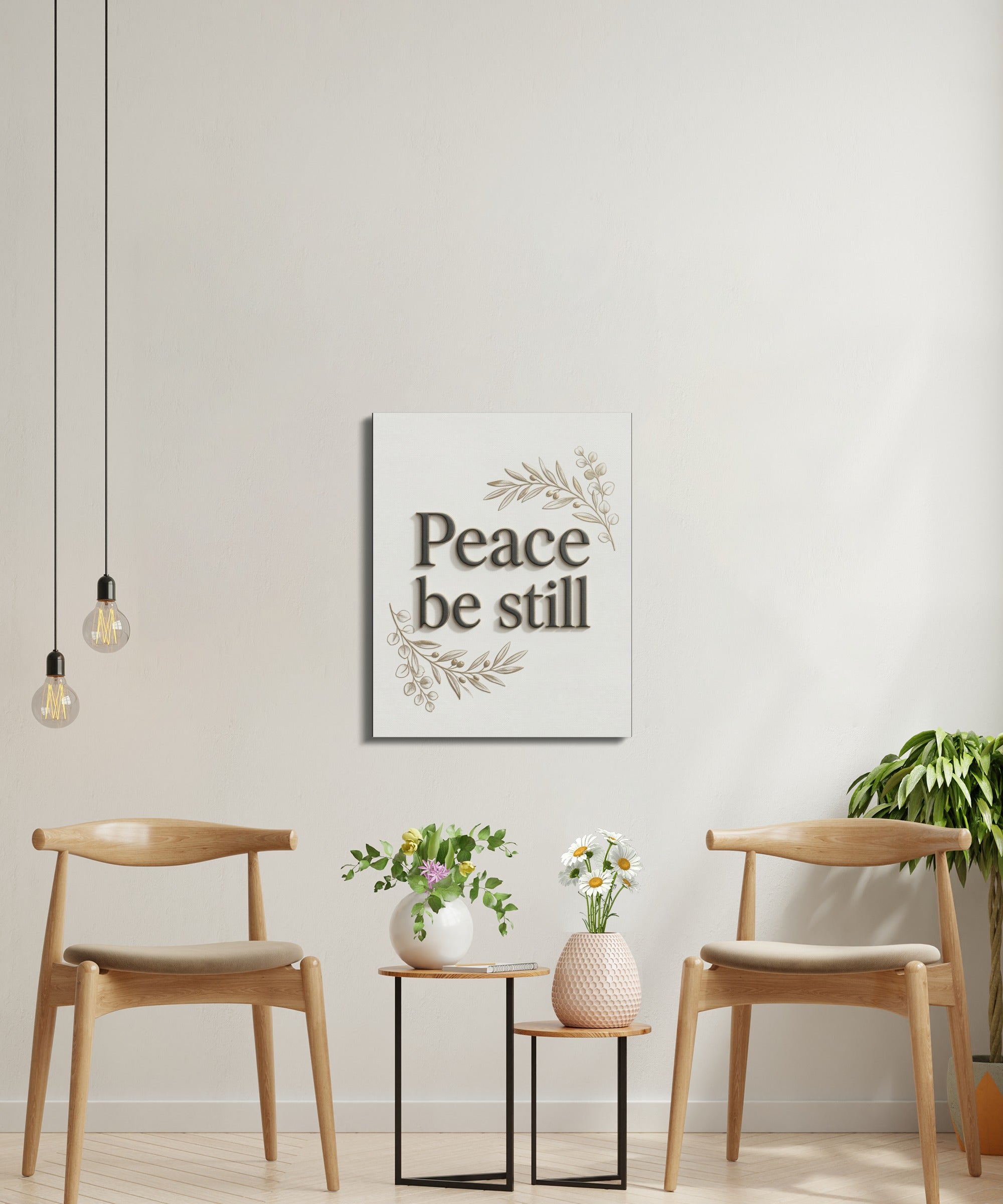 Square wall art with "Peace Be Still" text and floral design above two chairs.