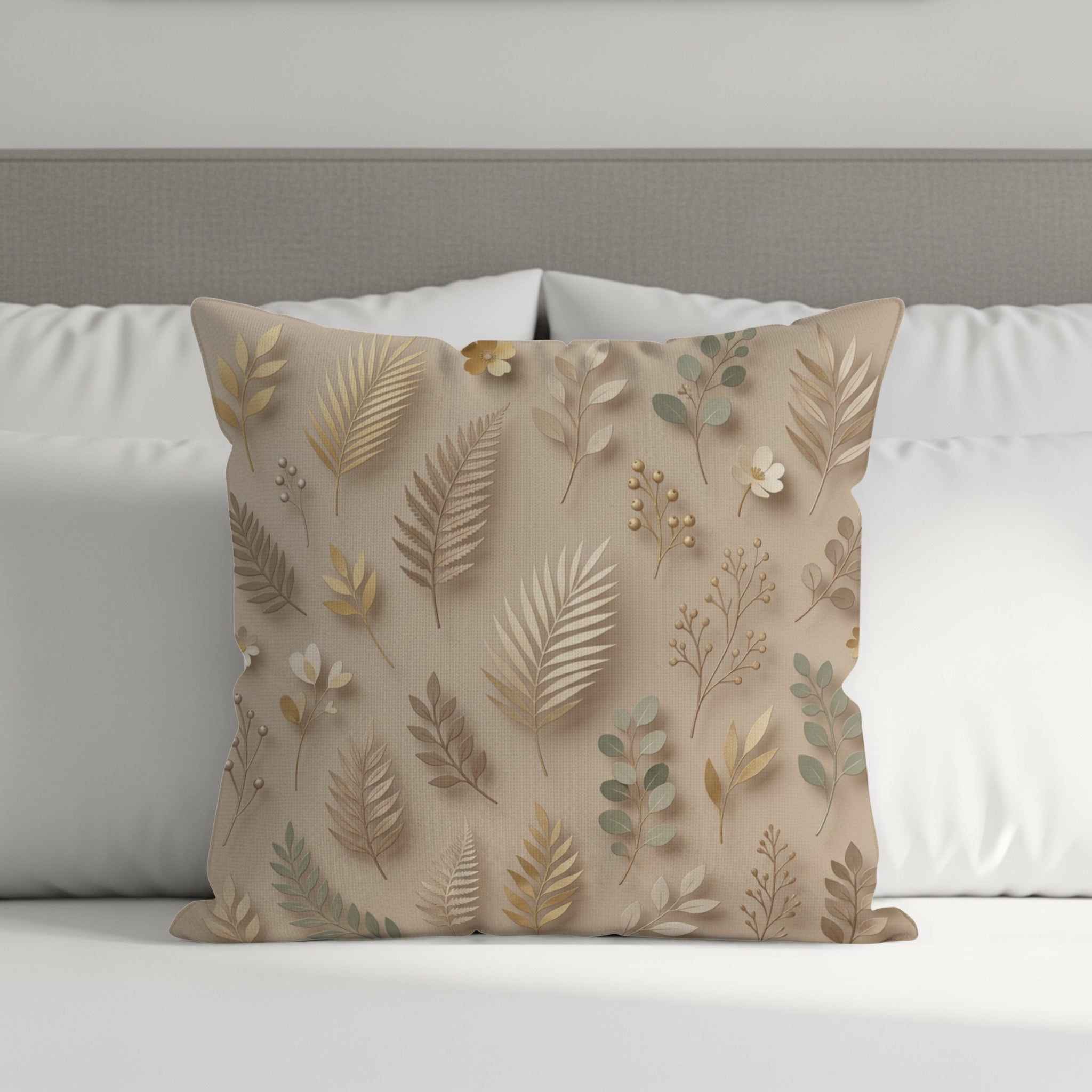 Beige throw pillow with botanical leaf pattern on a bed.