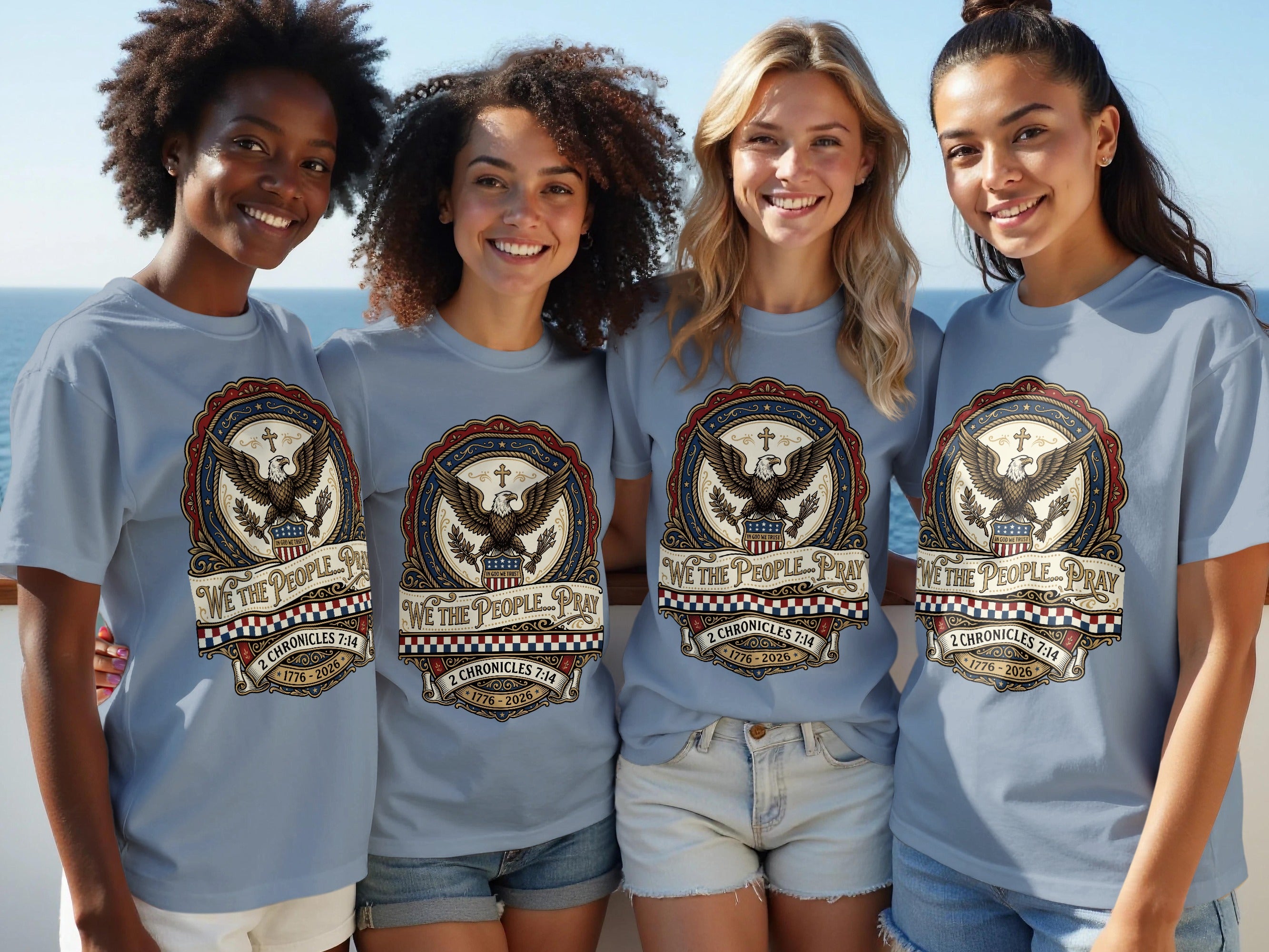 Four women wear matching t-shirts with a patriotic eagle and "We The People Pray" text.