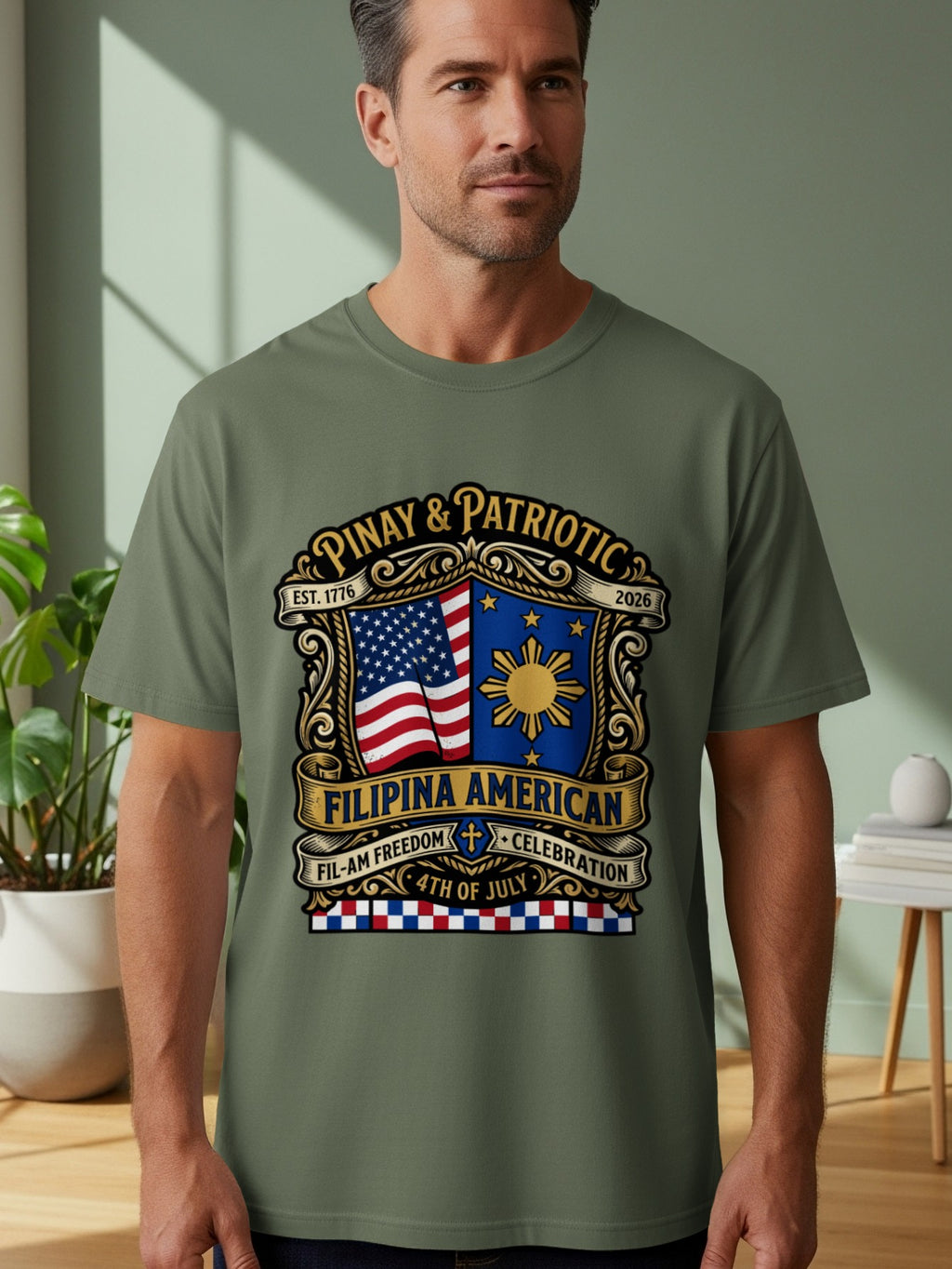 T-shirt with "Pinay & Patriotic" design featuring US flag and sunburst.