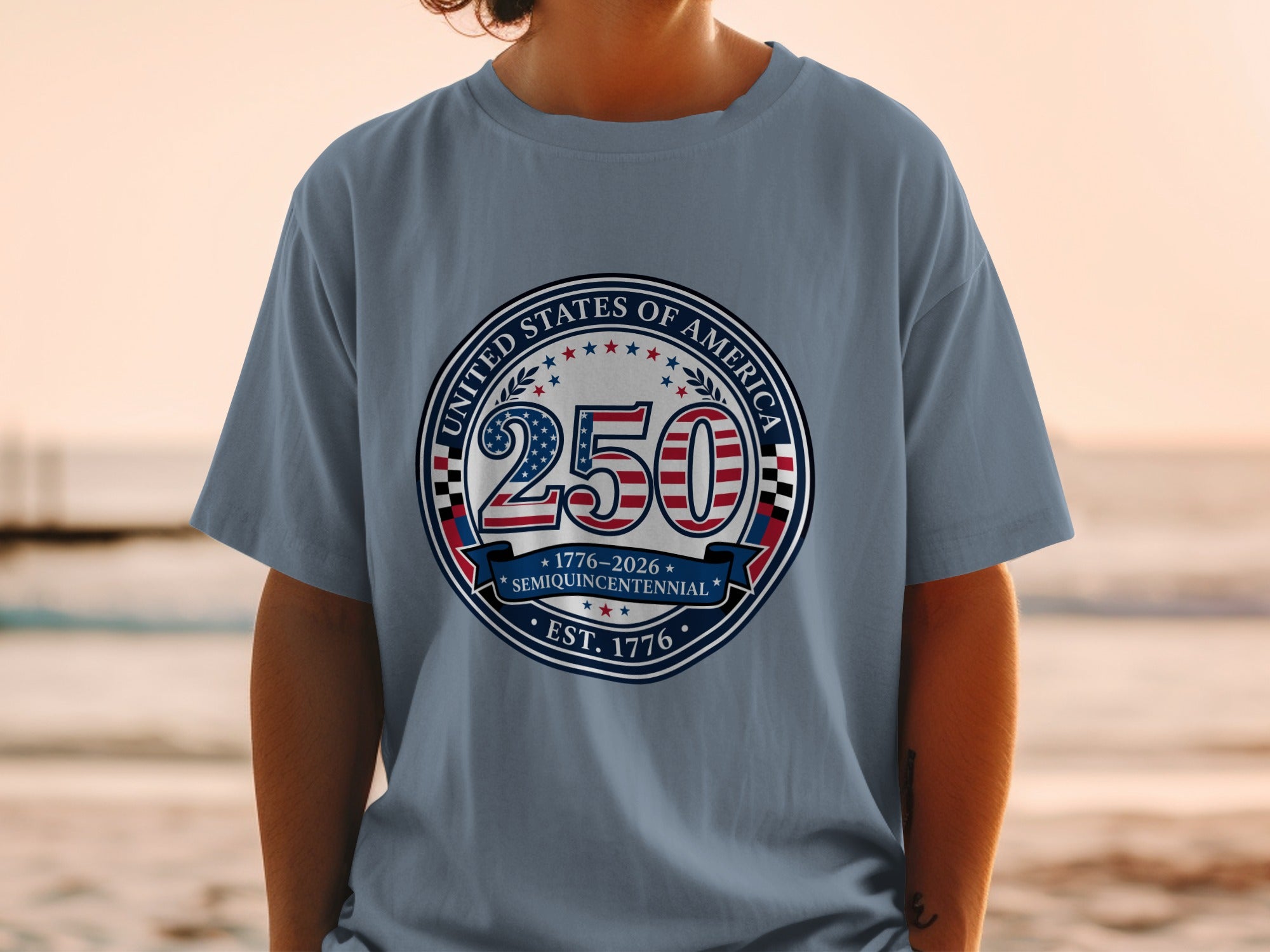 Gray t-shirt with "250" and "United States of America Semiquincentennial Est. 1776" graphic.
