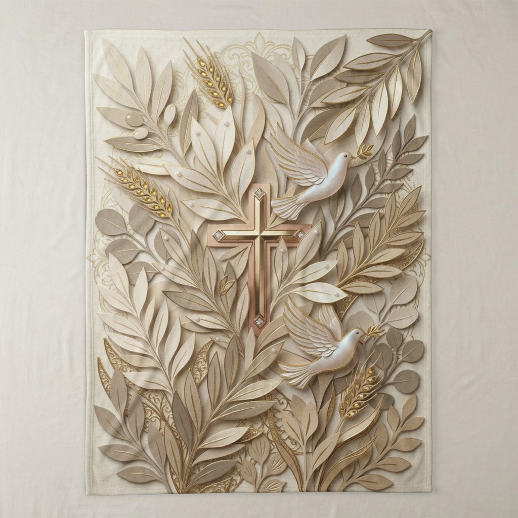 Cross with doves and olive branches, intricate embossed design.