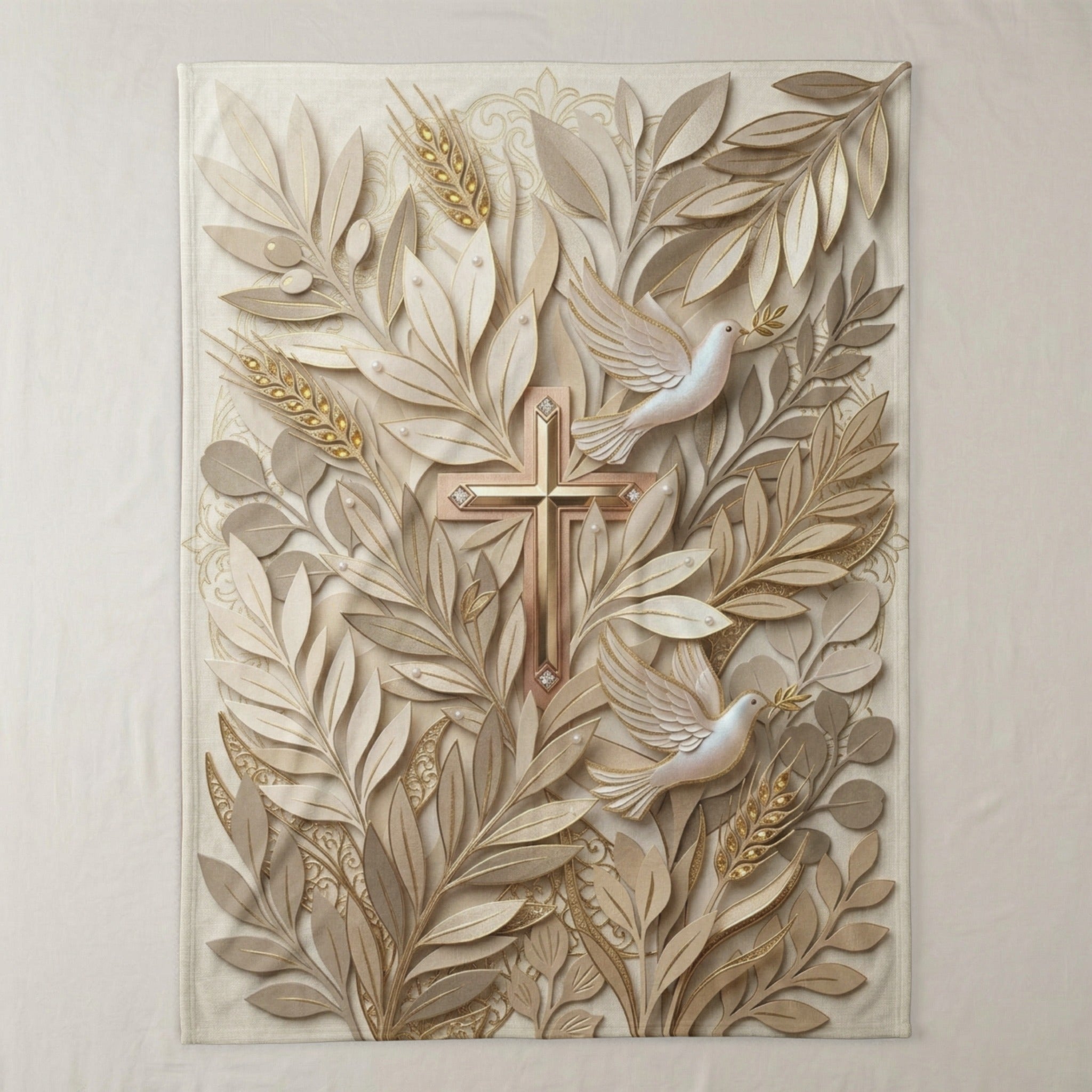 Cross with doves and olive branches, intricate embossed design.