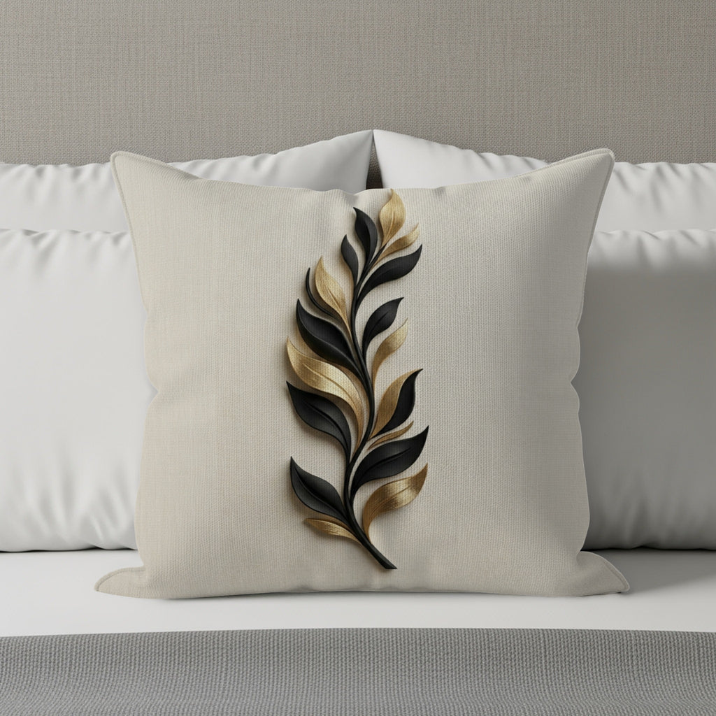 Decorative pillow with a black and gold leaf design on a textured background.