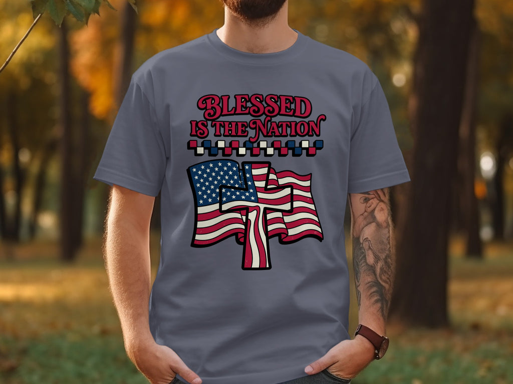 T-shirt with "Blessed Is The Nation" and American flag cross design.