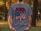 T-shirt with "Blessed Is The Nation" and American flag cross design.