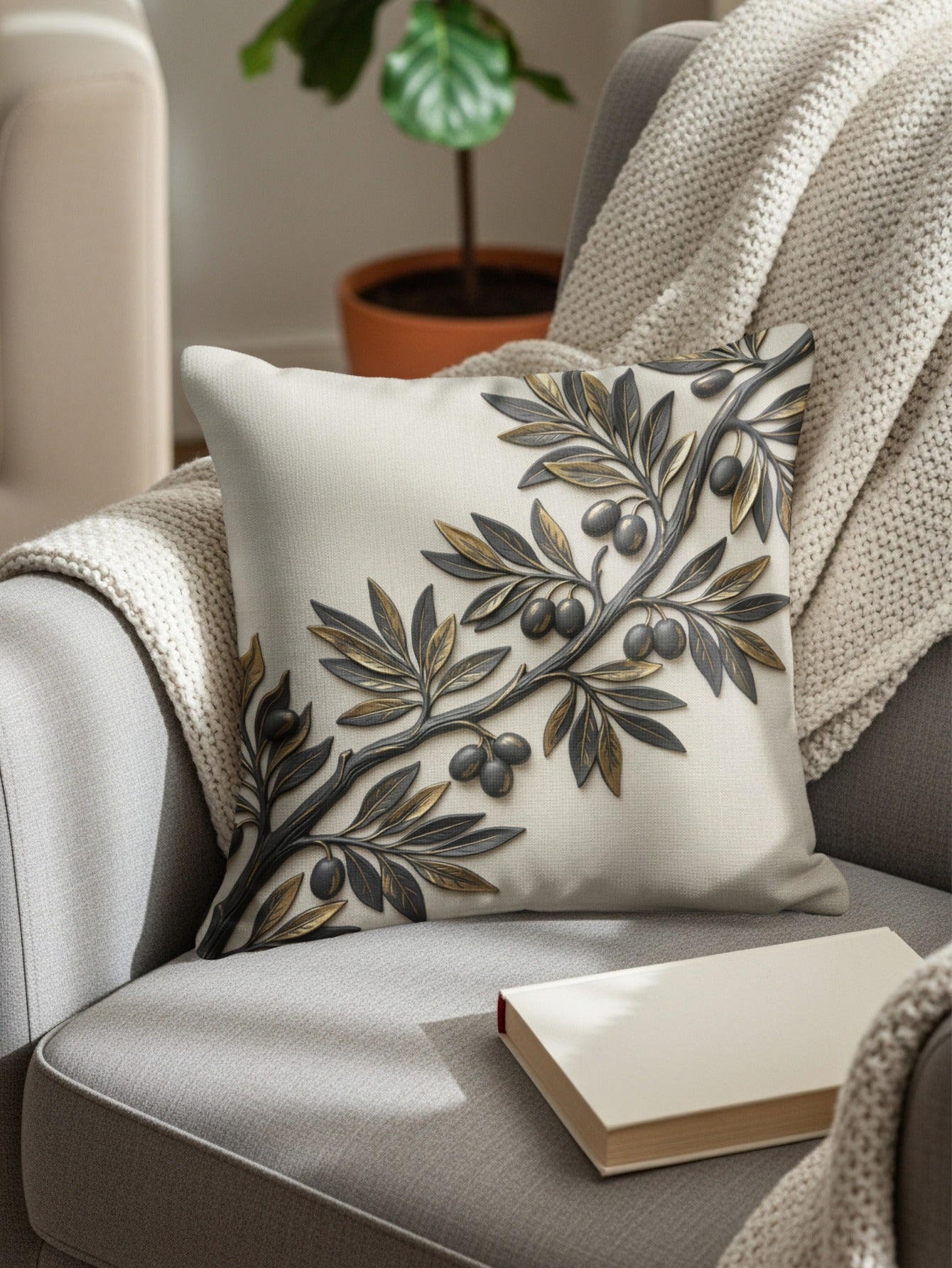 Embossed olive branch on a decorative throw pillow on a chair.