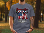 Grey t-shirt with American flag and "Running the Race for the Kingdom 1776-2026".