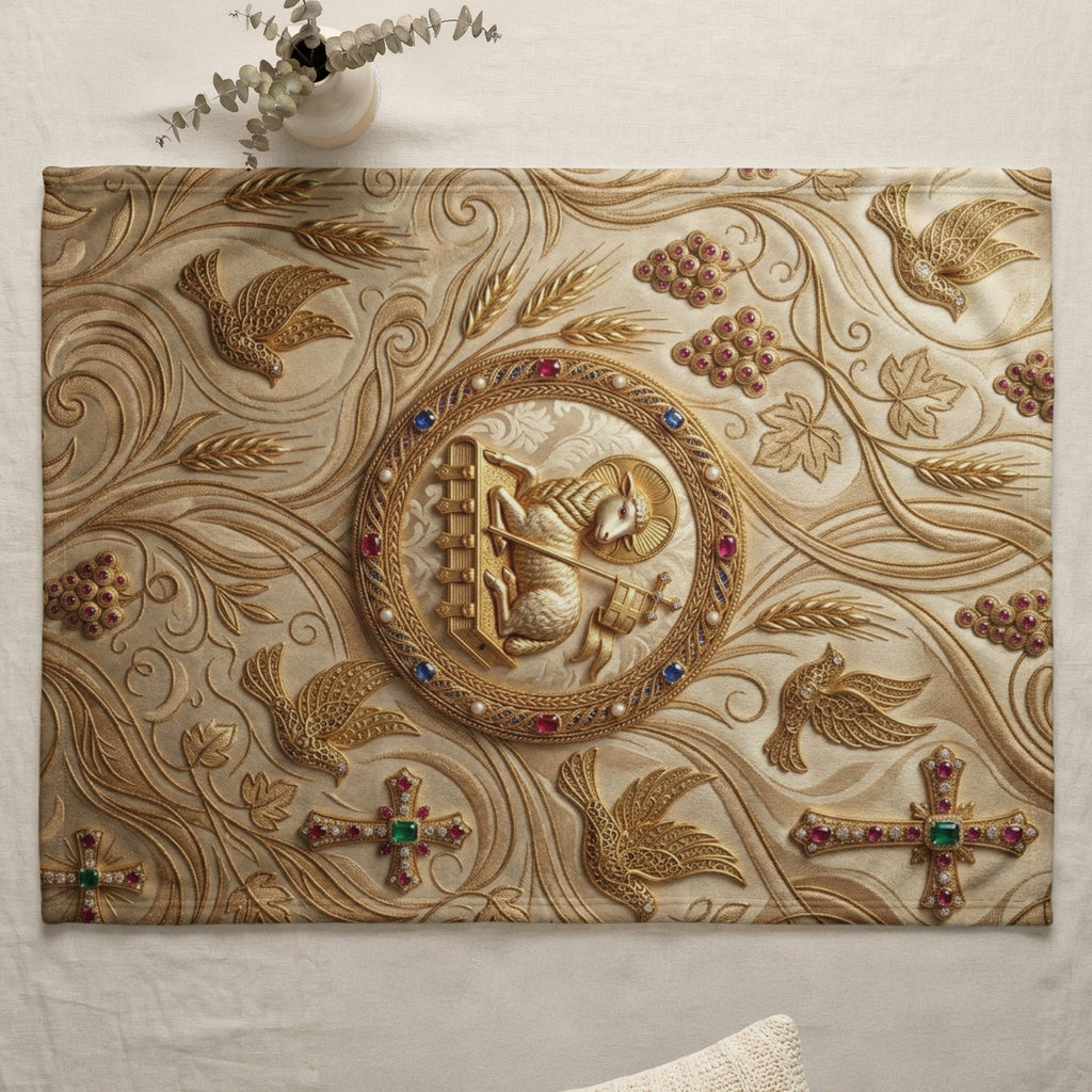 Embossed gold cloth featuring lamb and cross in circular emblem with birds and jewels.