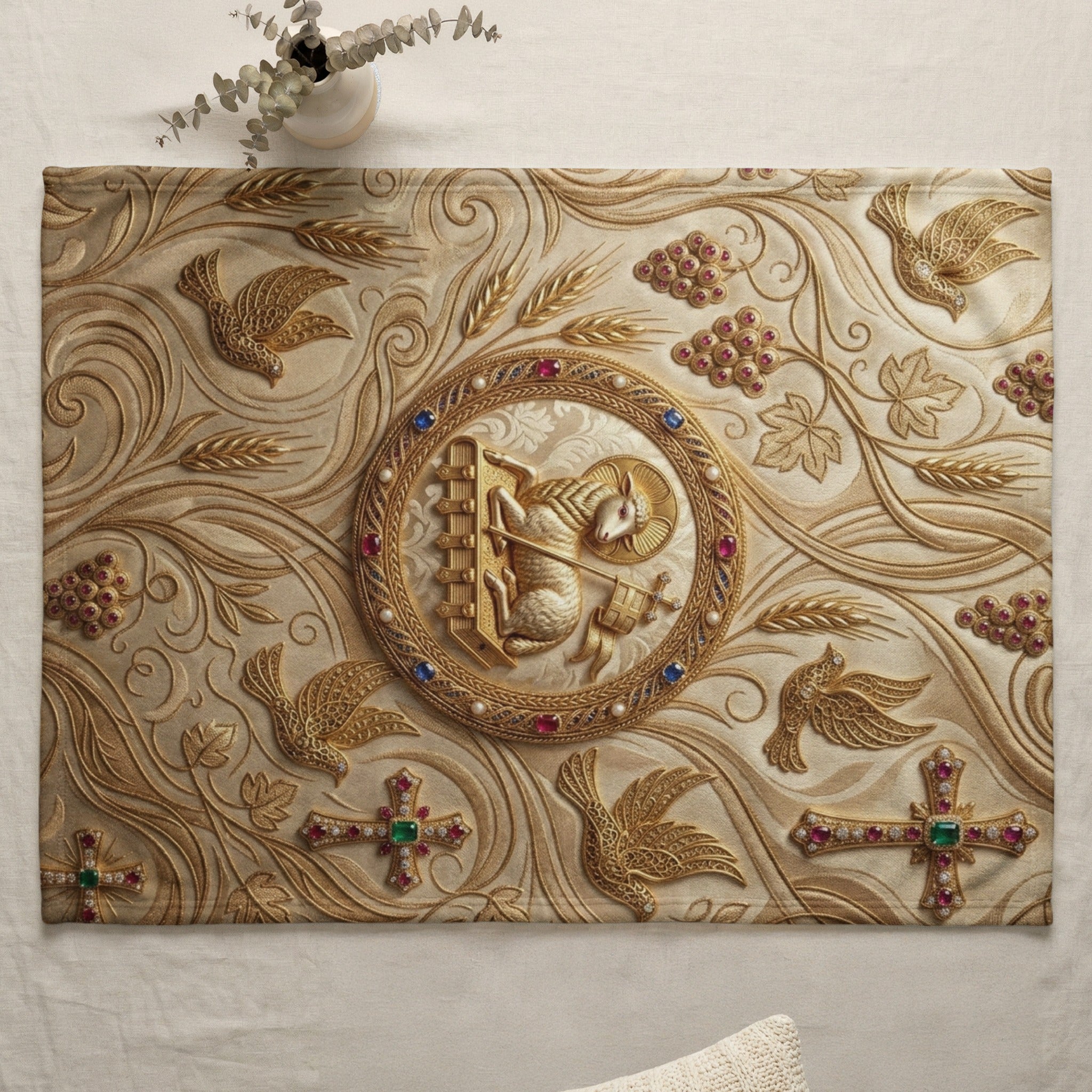 Embossed gold cloth featuring lamb and cross in circular emblem with birds and jewels.
