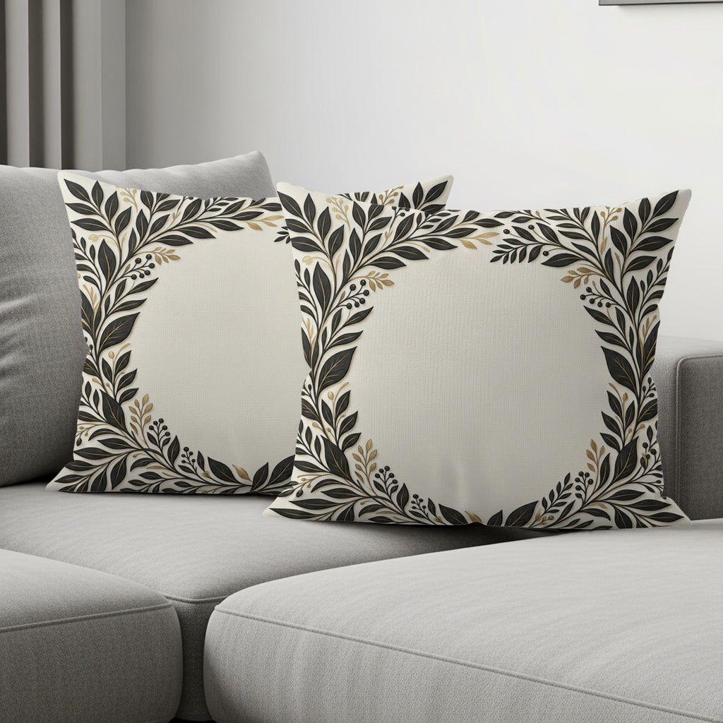 Two decorative throw pillows with a floral wreath pattern on a couch.