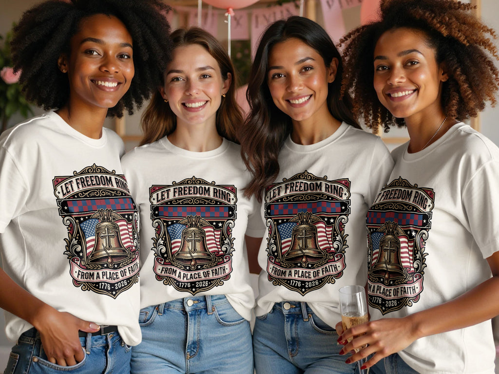 Four women wear matching white t-shirts with patriotic bell graphic and text.