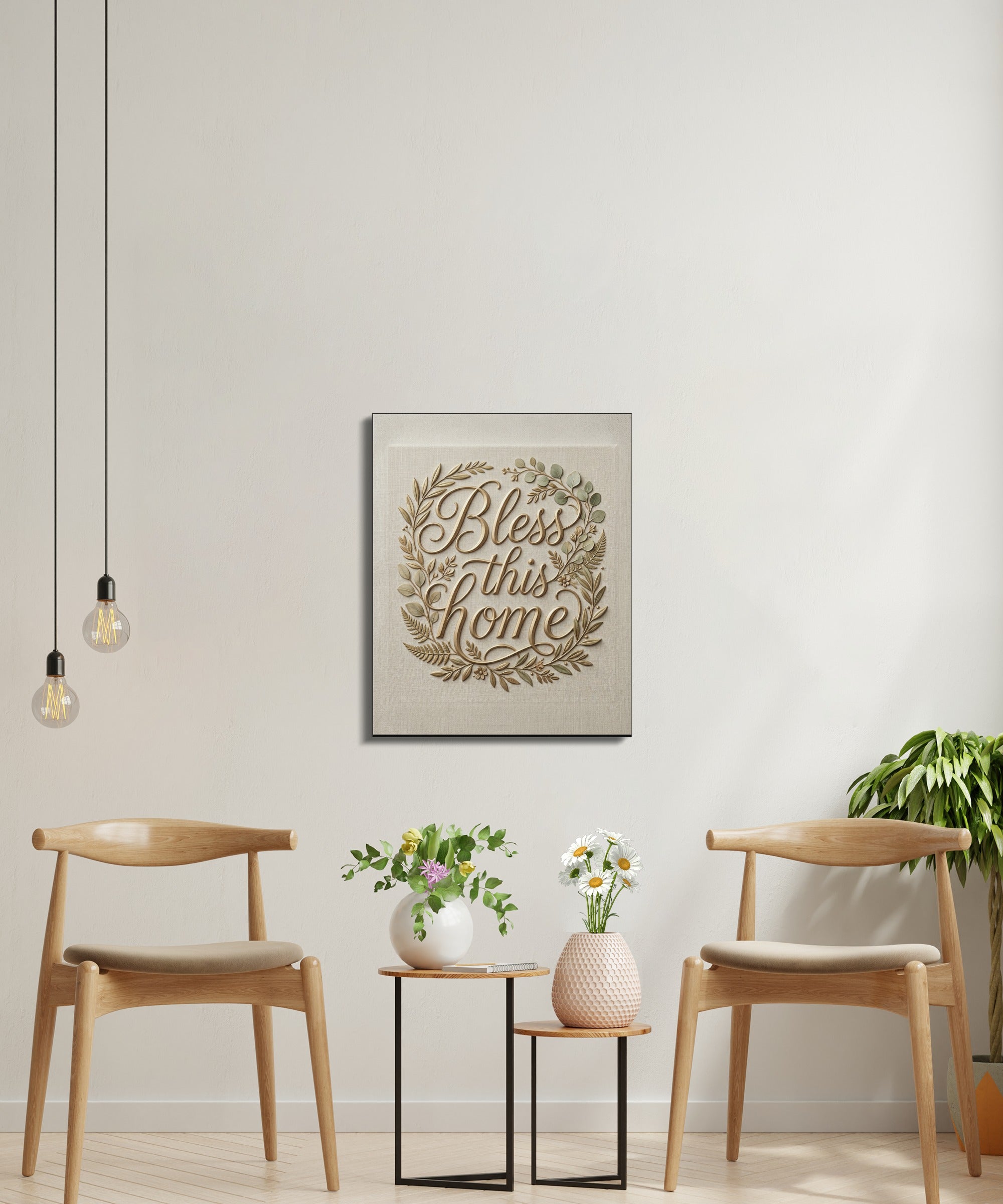 Embroidered wall art with "Bless this Home" text, flanked by two chairs and plants.