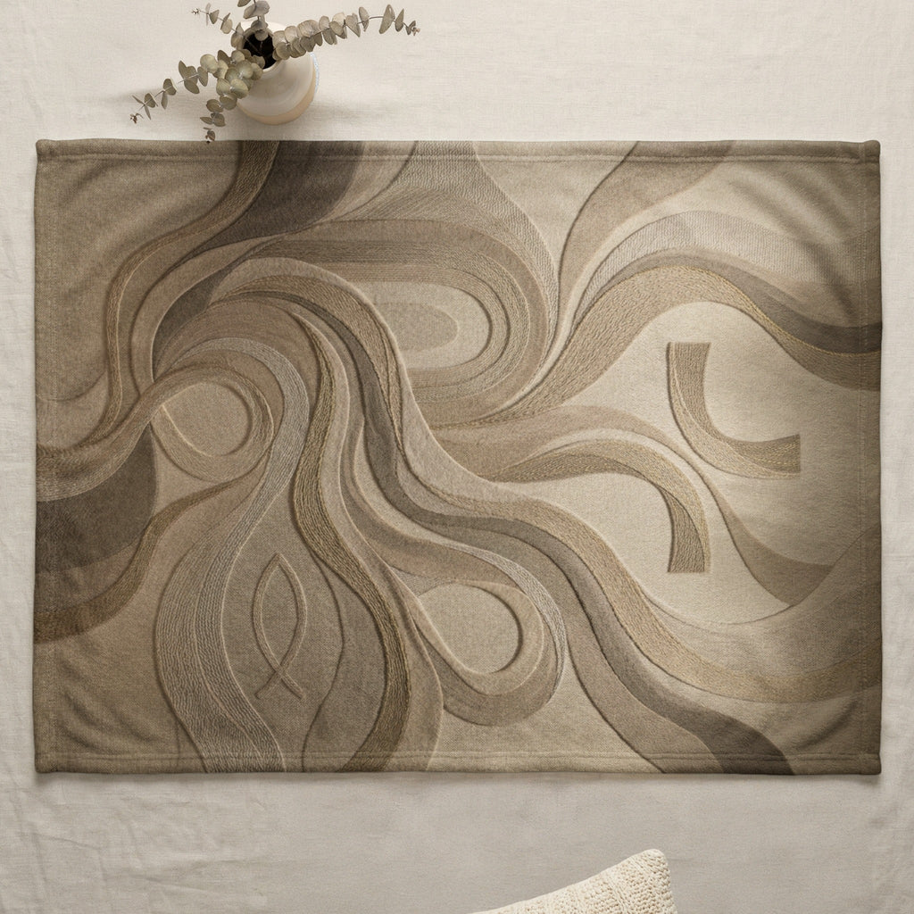 Tapestry with abstract flowing lines and textures in shades of brown and beige.