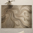 Tapestry with abstract flowing lines and textures in shades of brown and beige.