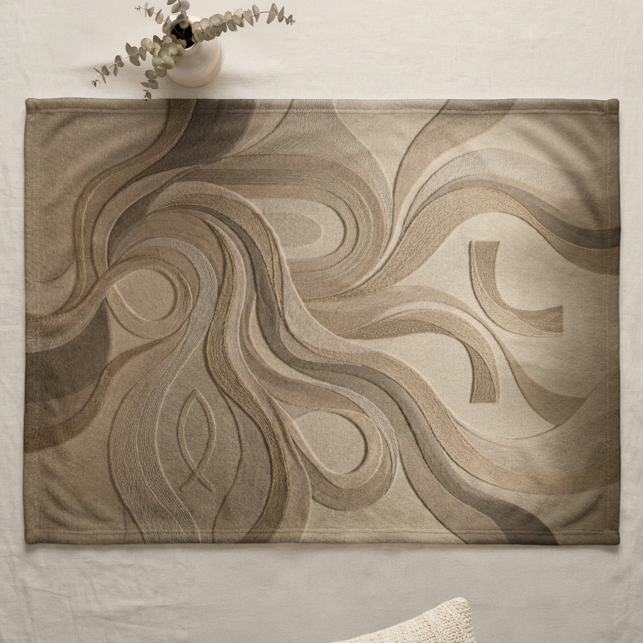 Tapestry with abstract flowing lines and textures in shades of brown and beige.