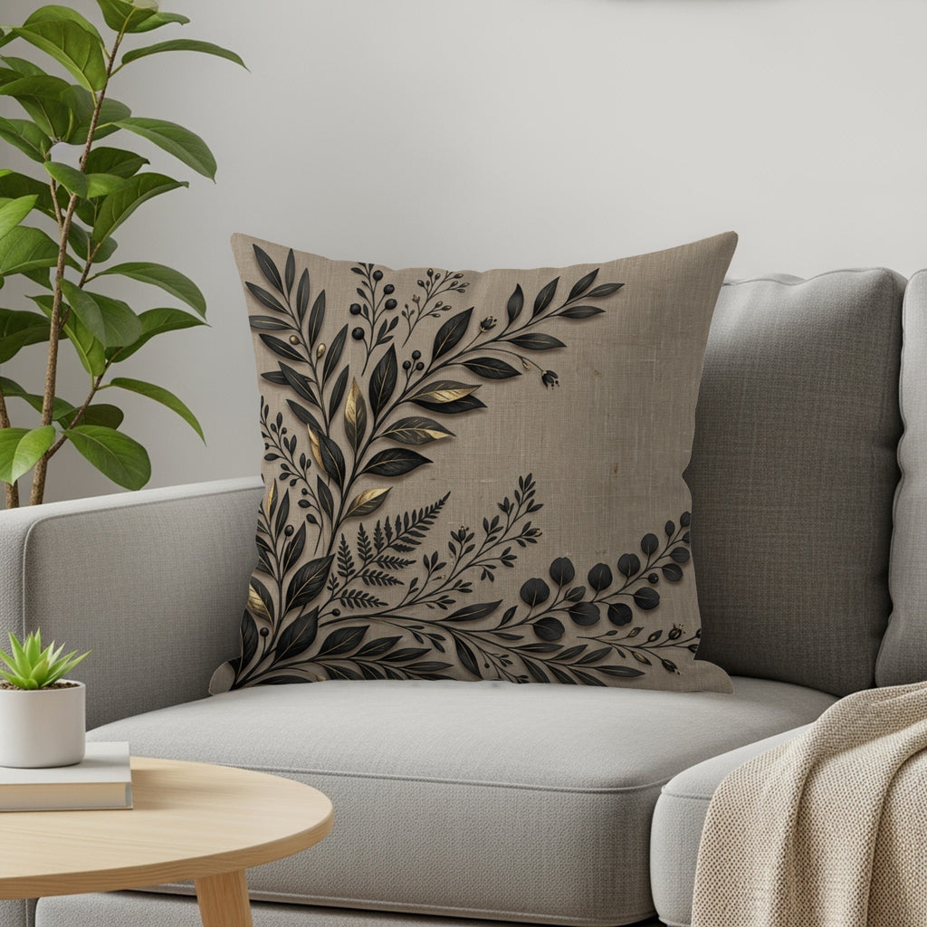 Tan throw pillow with ornate black and gold leaf design on couch.