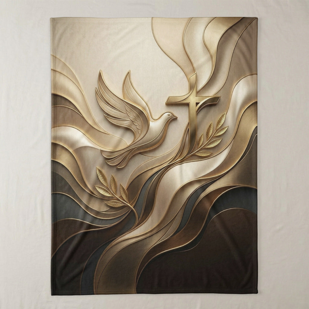 Gold dove and cross with olive branch on abstract wavy background.