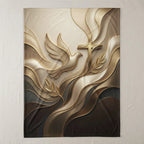 Gold dove and cross with olive branch on abstract wavy background.