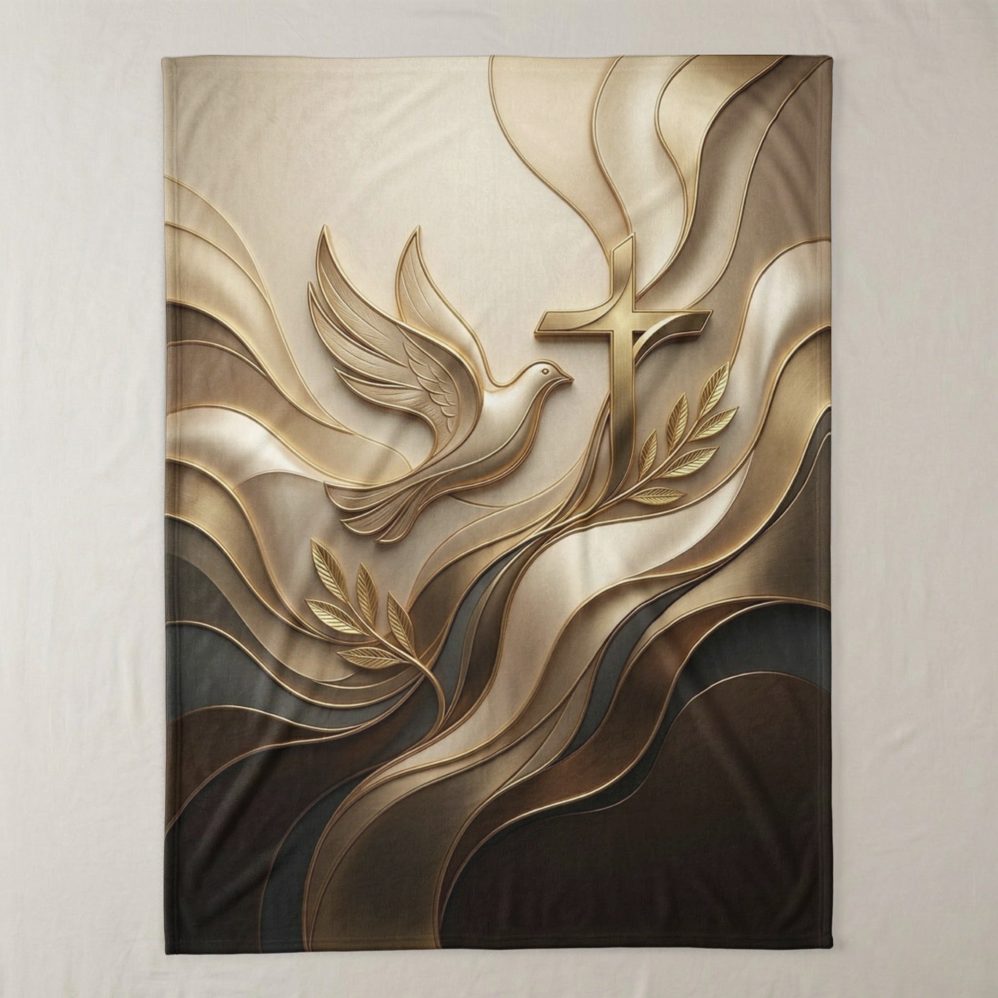 Gold dove and cross with olive branch on abstract wavy background.