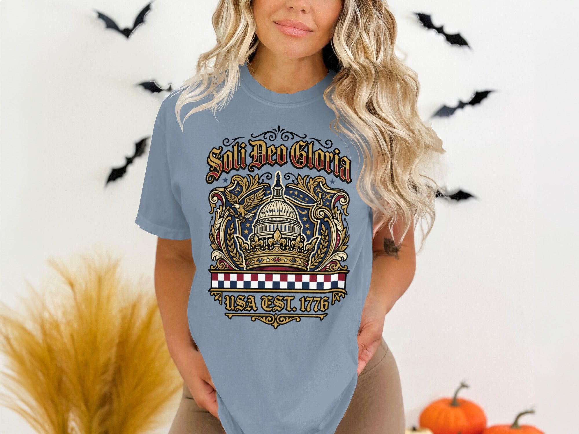 Blue t-shirt with USA Est. 1776 and capitol building graphic.