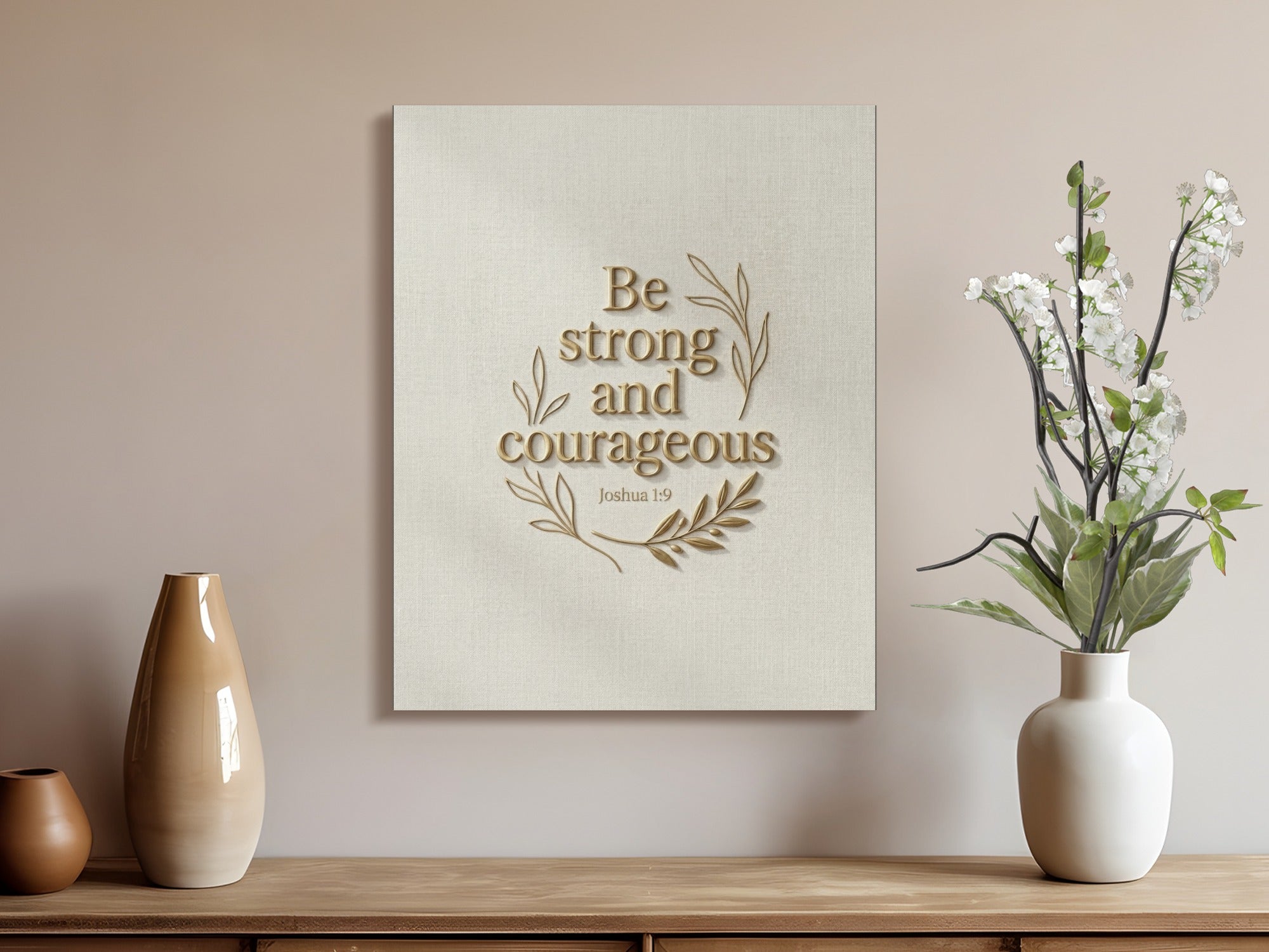 Be strong and courageous text on canvas art with floral design.