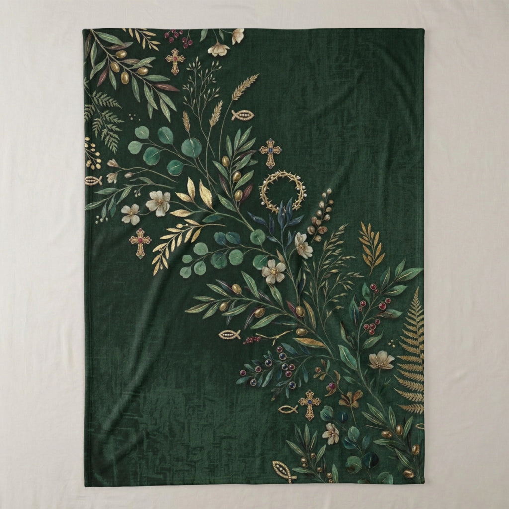 Dark green blanket with a gold floral and cross botanical design.