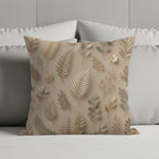 Decorative pillow with a muted botanical print of leaves and branches.