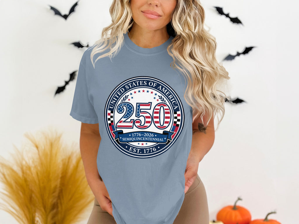 Blue t-shirt with "United States of America 250 Semiquincentennial 1776-2026" seal.