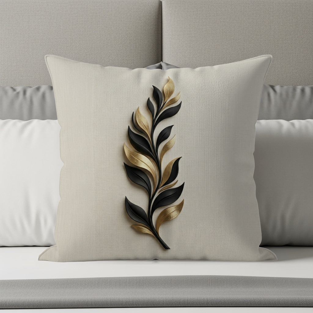 Light beige throw pillow with a raised black and gold leaf design.
