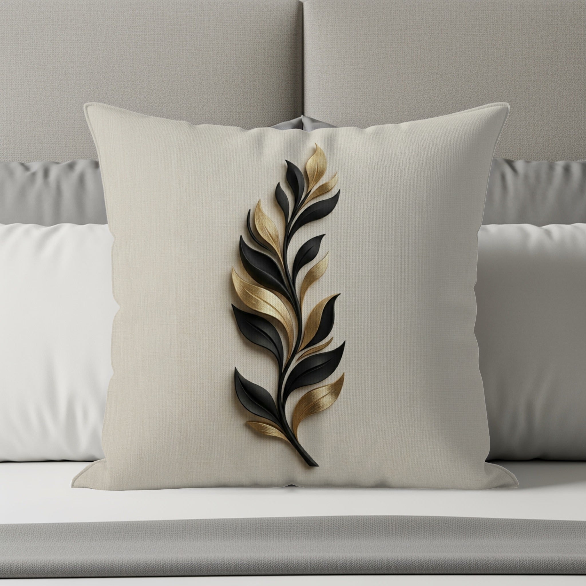 Light beige throw pillow with a raised black and gold leaf design.