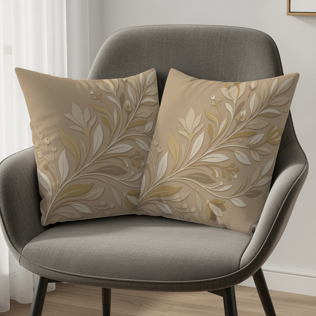 Two beige decorative pillows with a raised floral pattern on a gray armchair.