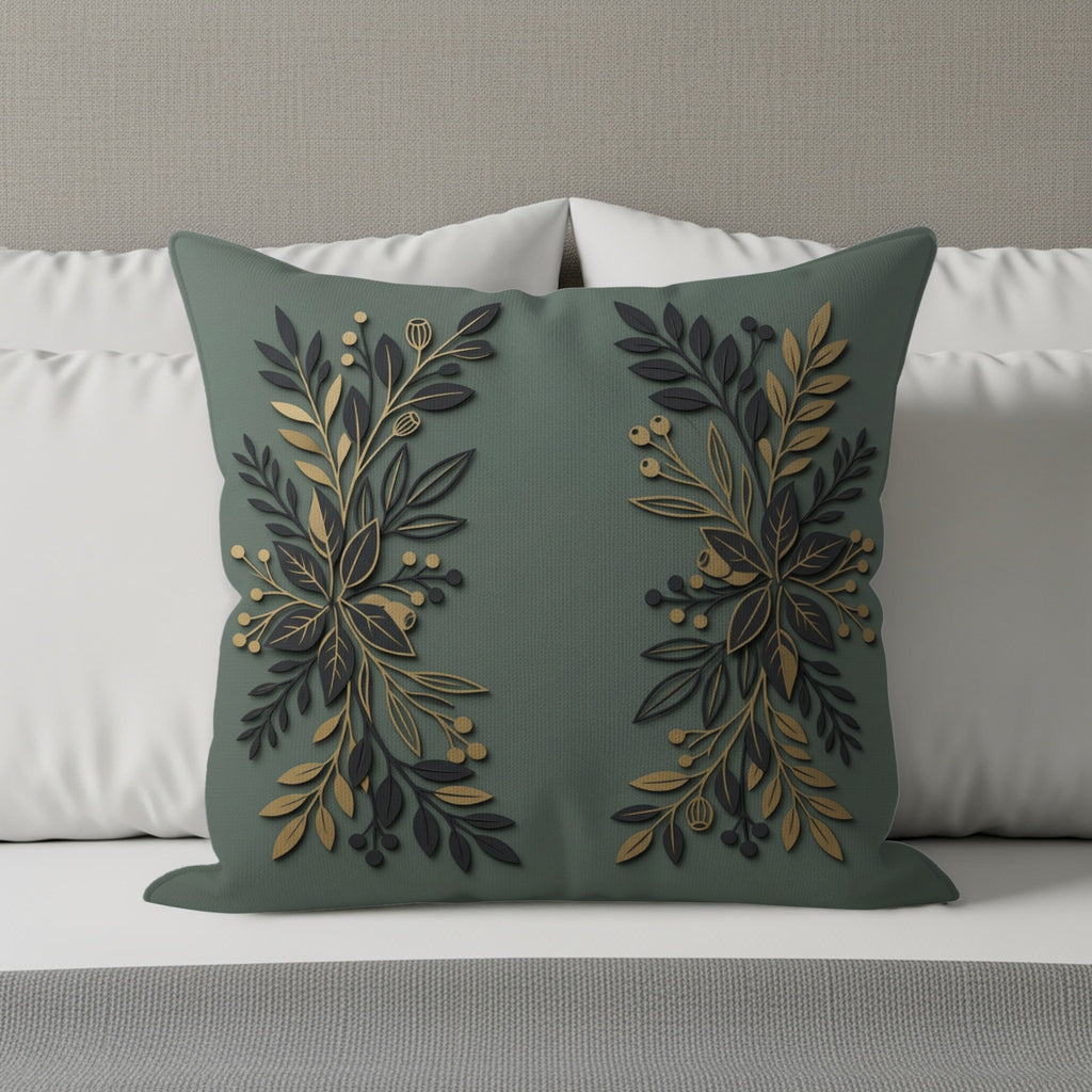 Green throw pillow with gold and dark green floral leaf design on a bed.