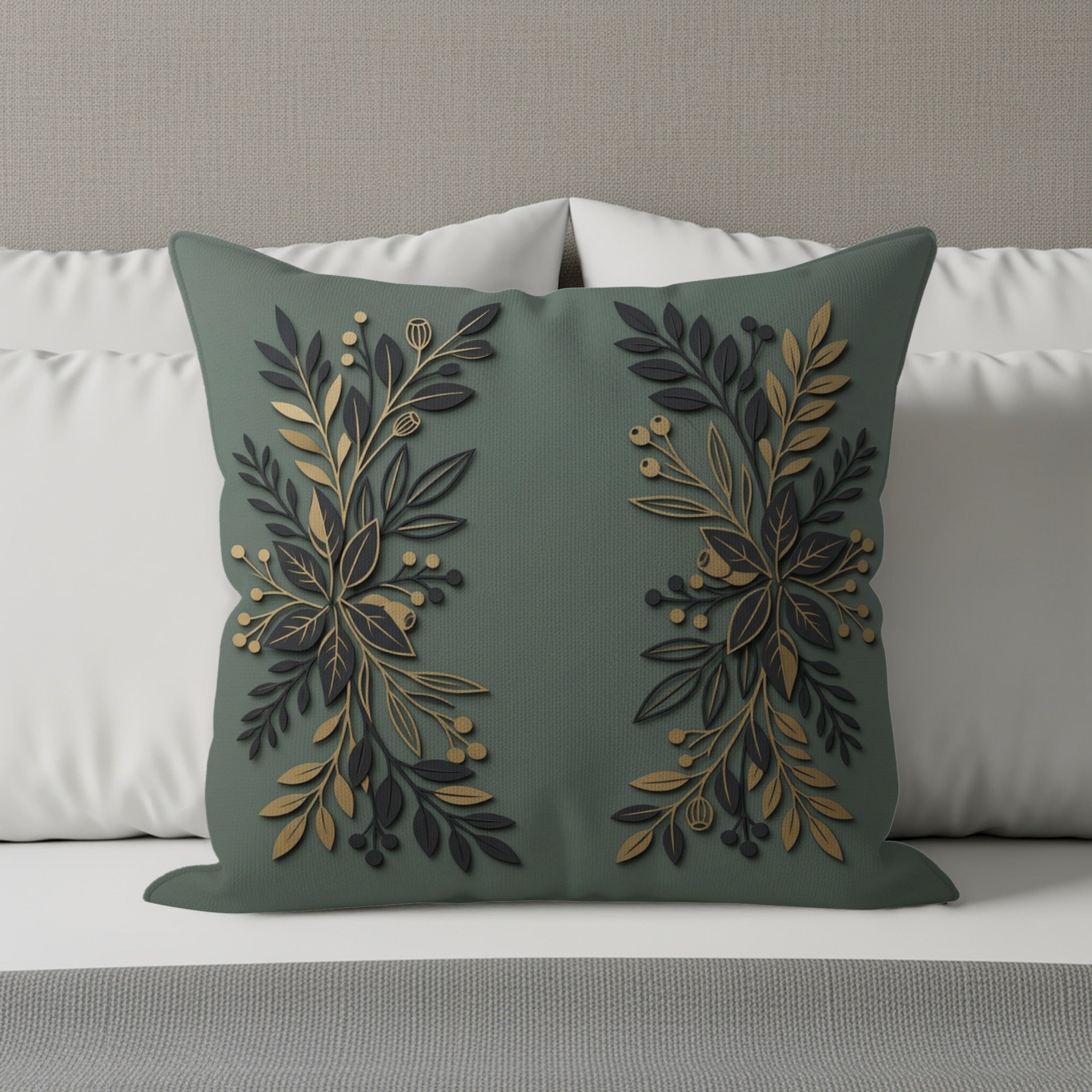 Green throw pillow with gold and dark green floral leaf design on a bed.