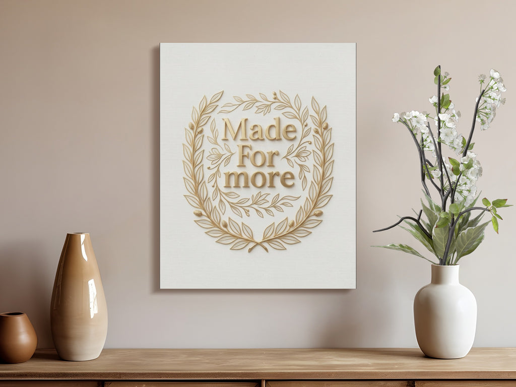 Gold laurel wreath framing "Made For More" text on canvas.