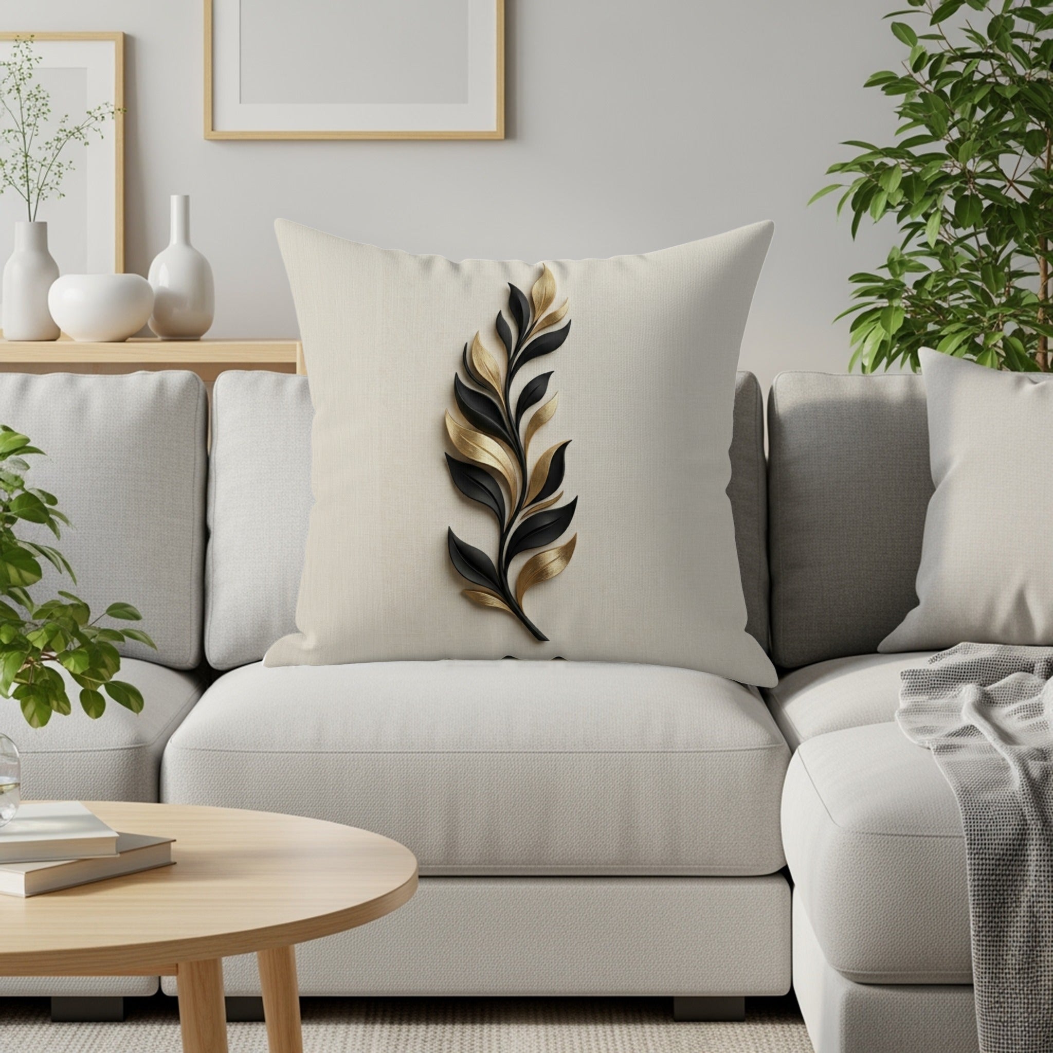 Cream pillow with gold and black abstract feather design on couch.