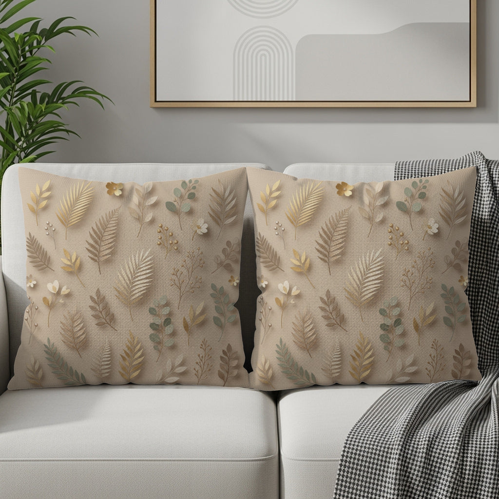 Two taupe throw pillows with a delicate botanical pattern on a cream sofa.