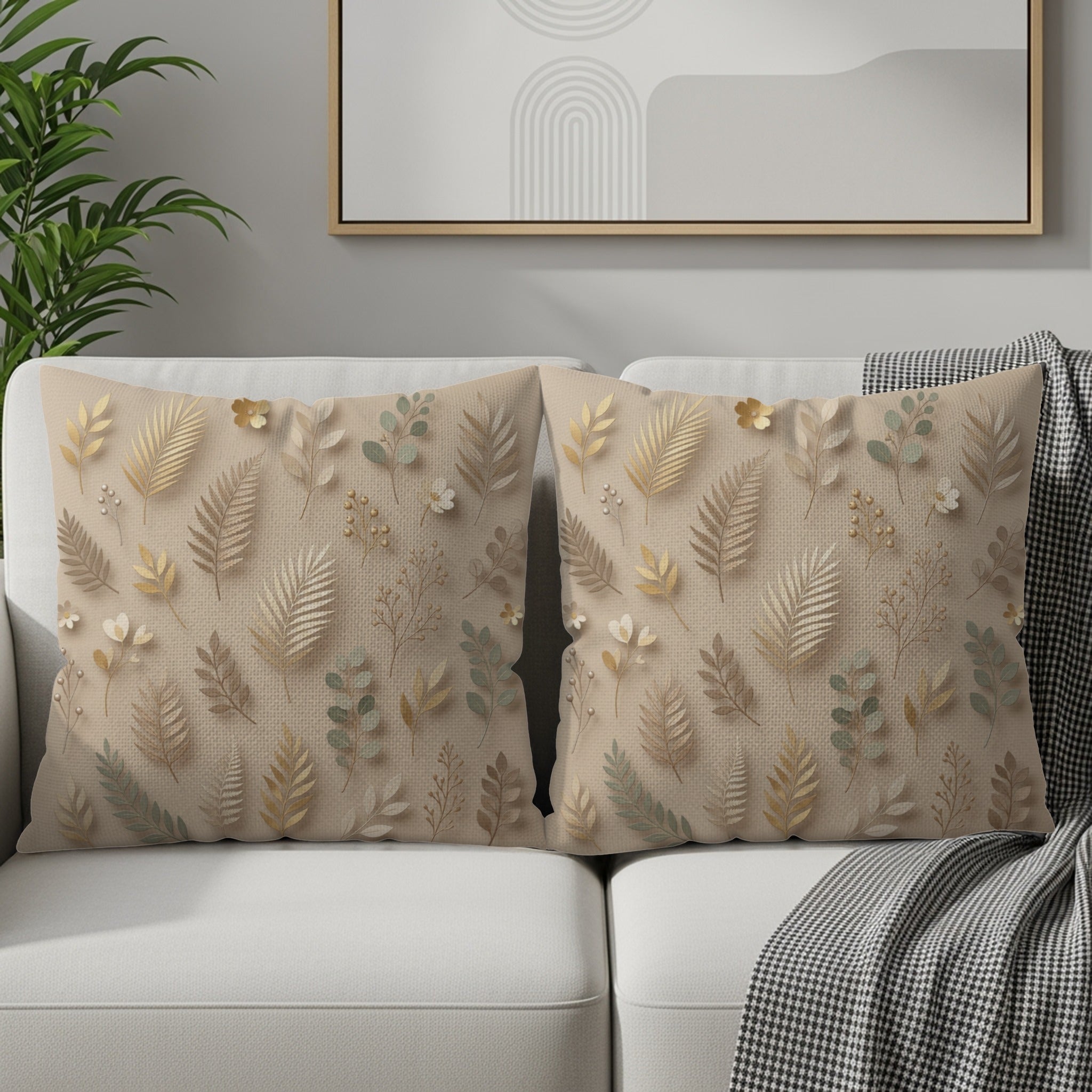 Two taupe throw pillows with a delicate botanical pattern on a cream sofa.
