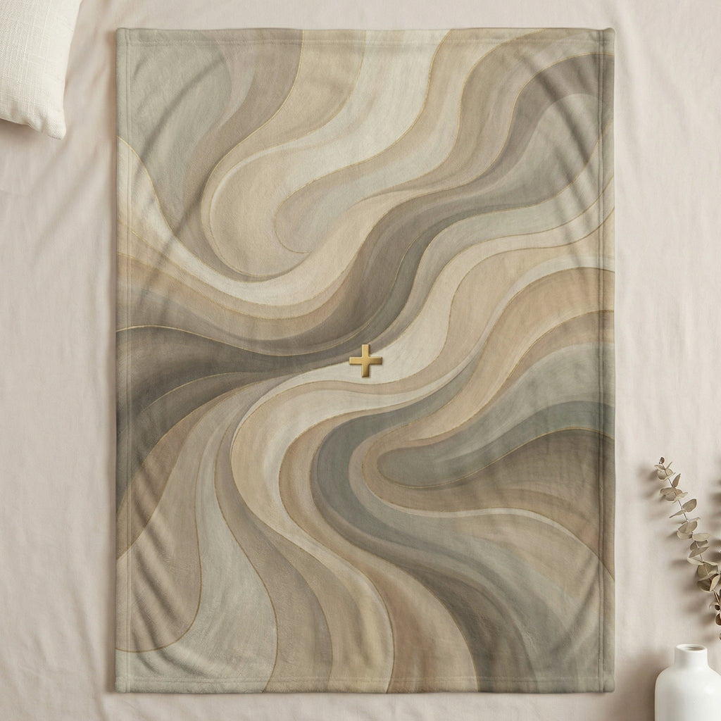 Swirling abstract pattern in beige, gray, and gold with a plus sign.