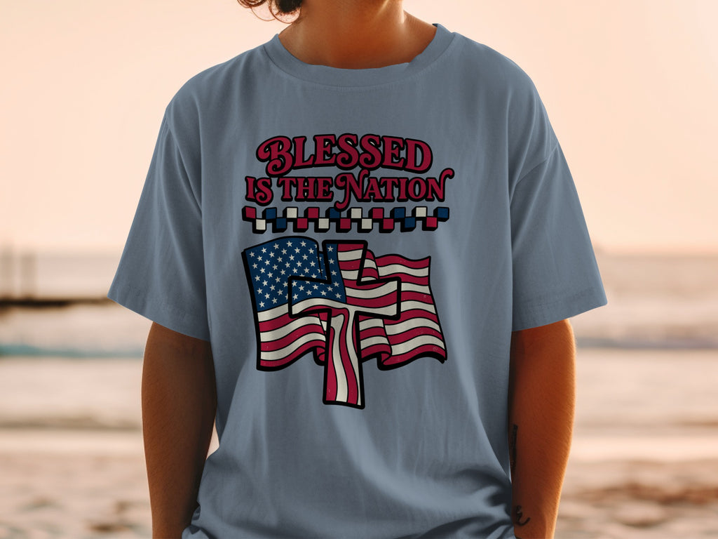 T-shirt with "Blessed is the Nation" text and American flag graphics.
