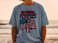 T-shirt with "Blessed is the Nation" text and American flag graphics.